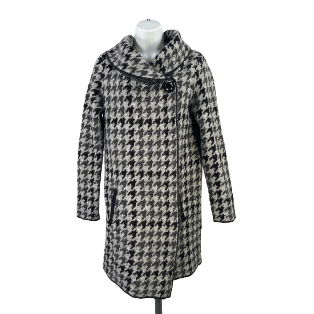 Tahari Women's Black/Gray Houndstooth Wool Blend Open Front Cardigan Sweater - M